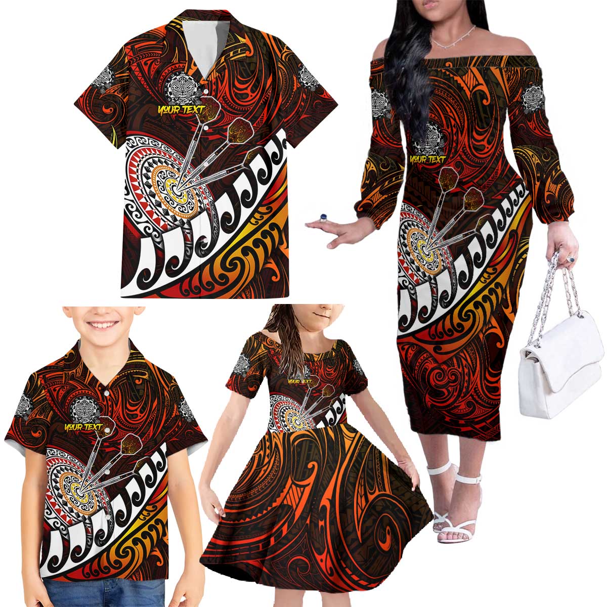 Personalised Fern Maori Darts Family Matching Off The Shoulder Long Sleeve Dress and Hawaiian Shirt New Zealand Darts