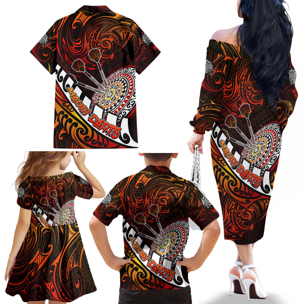 Personalised Fern Maori Darts Family Matching Off The Shoulder Long Sleeve Dress and Hawaiian Shirt New Zealand Darts