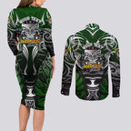 Personalised Warriors Maori Darts Couples Matching Long Sleeve Bodycon Dress and Long Sleeve Button Shirt New Zealand Darts Silver Fern