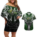 Personalised Warriors Maori Darts Couples Matching Off Shoulder Short Dress and Hawaiian Shirt New Zealand Darts Silver Fern