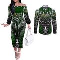 Personalised Warriors Maori Darts Couples Matching Off The Shoulder Long Sleeve Dress and Long Sleeve Button Shirt New Zealand Darts Silver Fern