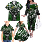 Personalised Warriors Maori Darts Family Matching Off The Shoulder Long Sleeve Dress and Hawaiian Shirt New Zealand Darts Silver Fern