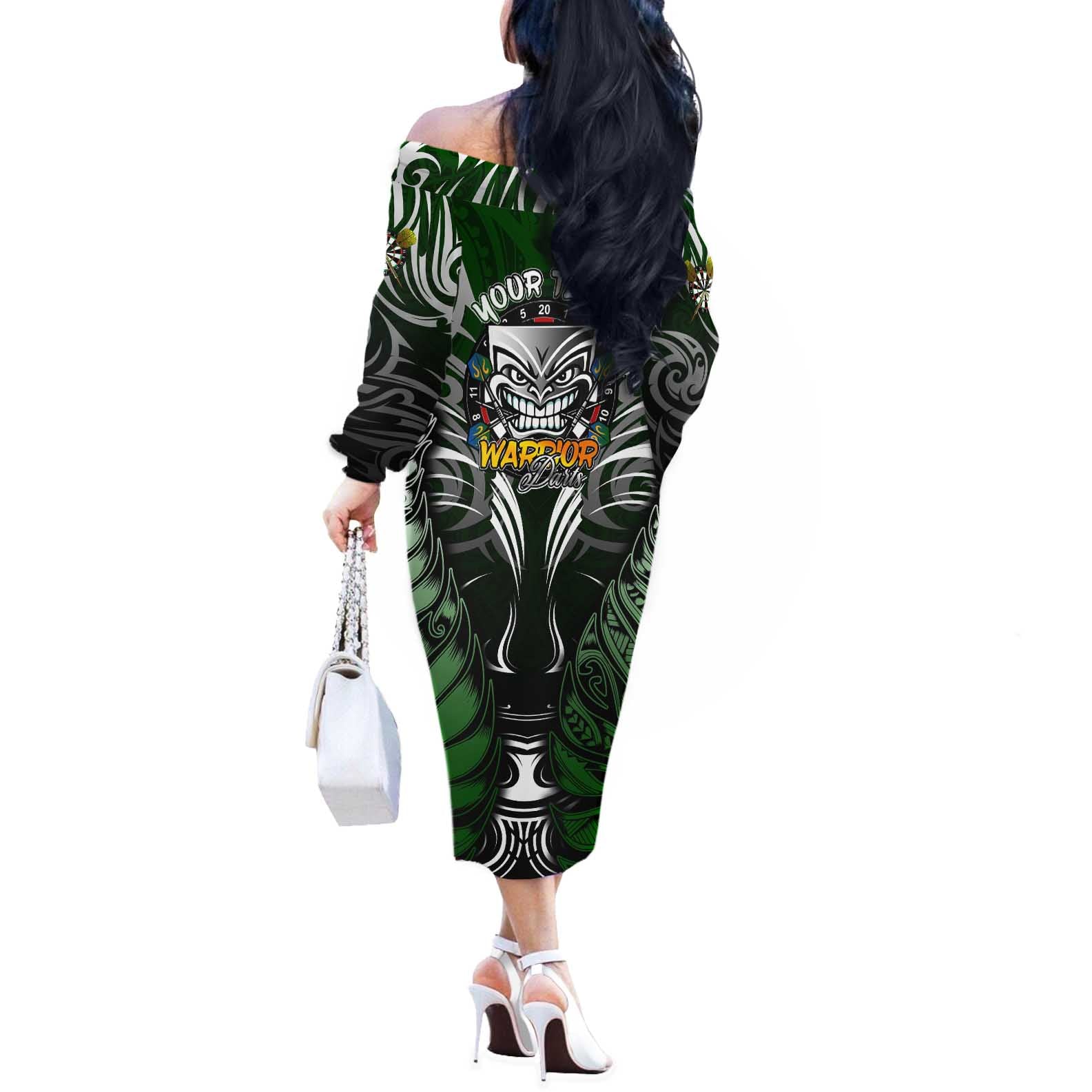 Personalised Warriors Maori Darts Off The Shoulder Long Sleeve Dress New Zealand Darts Silver Fern