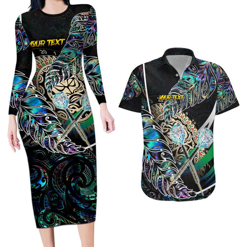 Personalised New Zealand Darts Couples Matching Long Sleeve Bodycon Dress and Hawaiian Shirt NZ Paua Shell Maori Fern