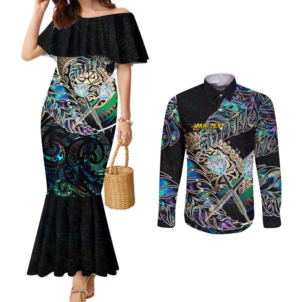 Personalised New Zealand Darts Couples Matching Mermaid Dress and Long Sleeve Button Shirt NZ Paua Shell Maori Fern