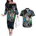 Personalised New Zealand Darts Couples Matching Off The Shoulder Long Sleeve Dress and Hawaiian Shirt NZ Paua Shell Maori Fern