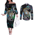 Personalised New Zealand Darts Couples Matching Off The Shoulder Long Sleeve Dress and Long Sleeve Button Shirt NZ Paua Shell Maori Fern