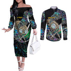 Personalised New Zealand Darts Couples Matching Off The Shoulder Long Sleeve Dress and Long Sleeve Button Shirt NZ Paua Shell Maori Fern