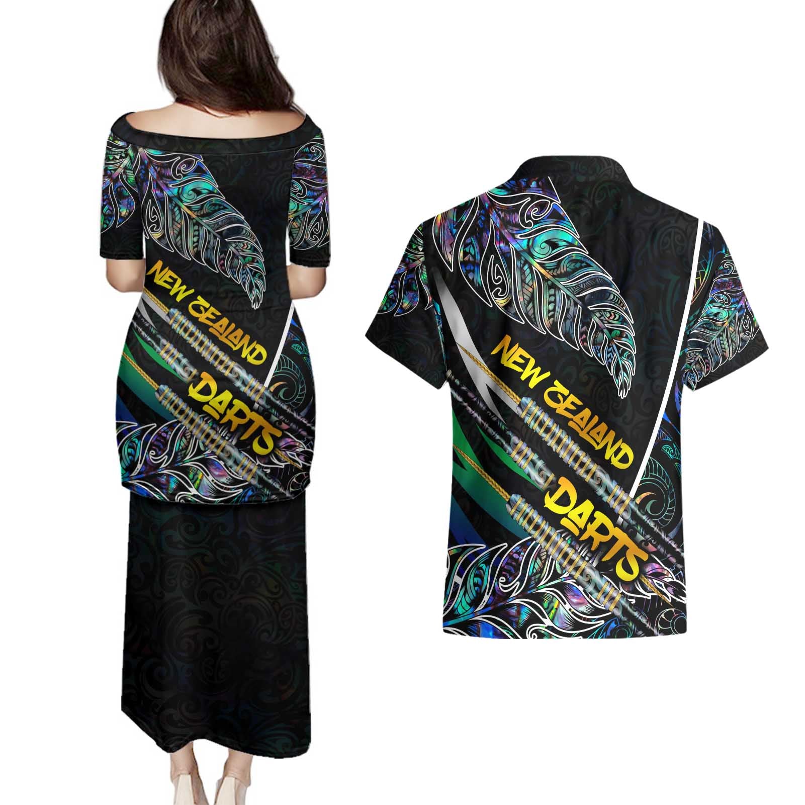 Personalised New Zealand Darts Couples Matching Puletasi and Hawaiian Shirt NZ Paua Shell Maori Fern