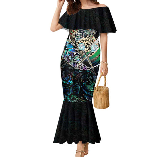 Personalised New Zealand Darts Family Matching Mermaid Dress and Hawaiian Shirt NZ Paua Shell Maori Fern