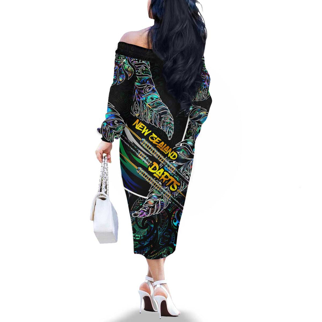 Personalised New Zealand Darts Family Matching Off The Shoulder Long Sleeve Dress and Hawaiian Shirt NZ Paua Shell Maori Fern