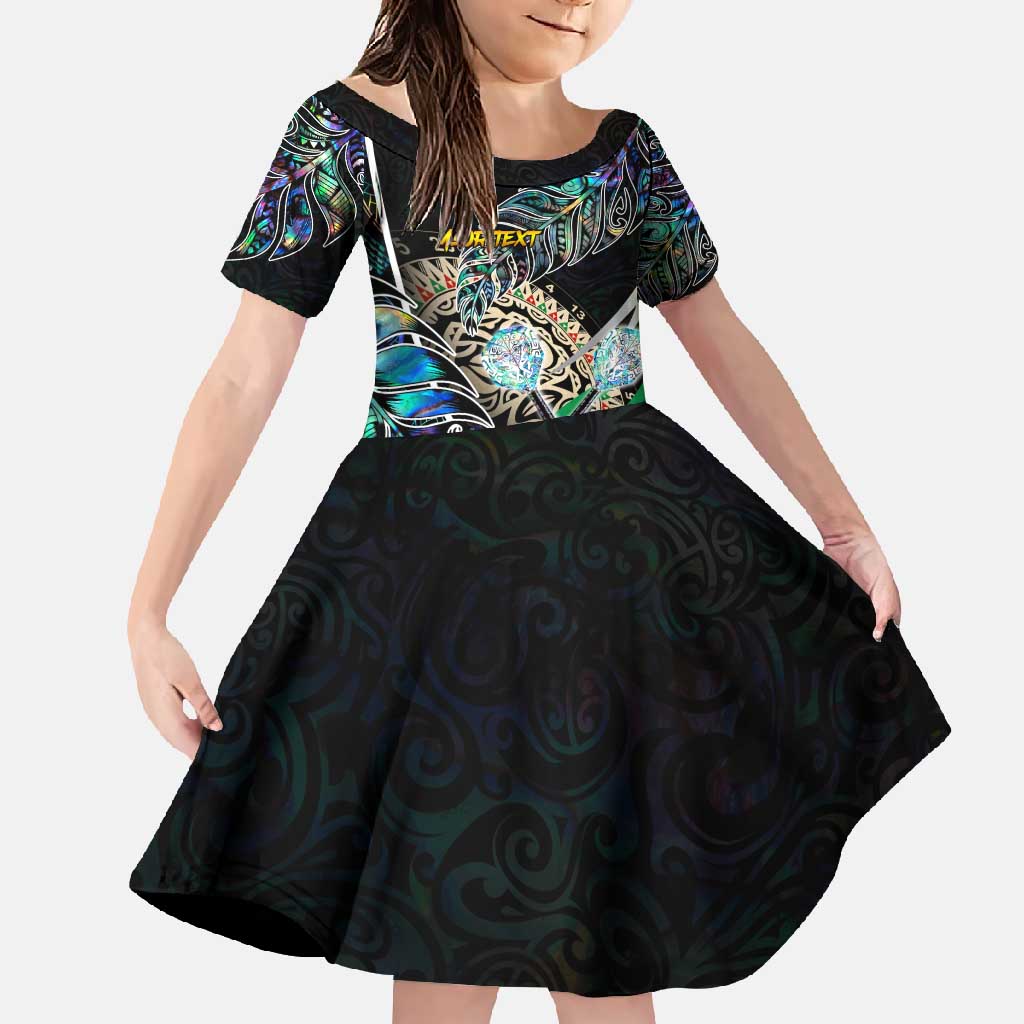 Personalised New Zealand Darts Family Matching Off Shoulder Maxi Dress and Hawaiian Shirt NZ Paua Shell Maori Fern