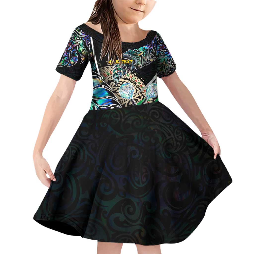 Personalised New Zealand Darts Family Matching Off Shoulder Short Dress and Hawaiian Shirt NZ Paua Shell Maori Fern