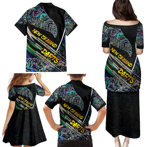 Personalised New Zealand Darts Family Matching Puletasi and Hawaiian Shirt NZ Paua Shell Maori Fern