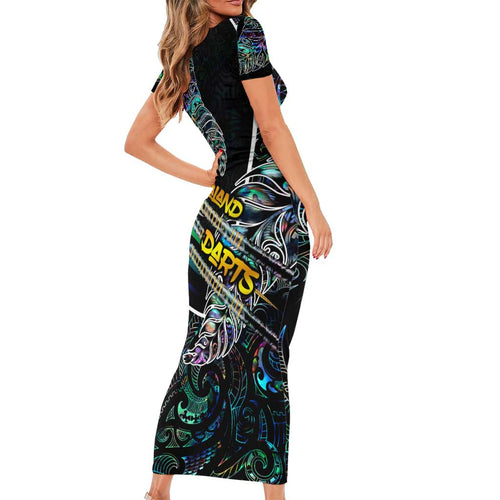 Personalised New Zealand Darts Family Matching Short Sleeve Bodycon Dress and Hawaiian Shirt NZ Paua Shell Maori Fern