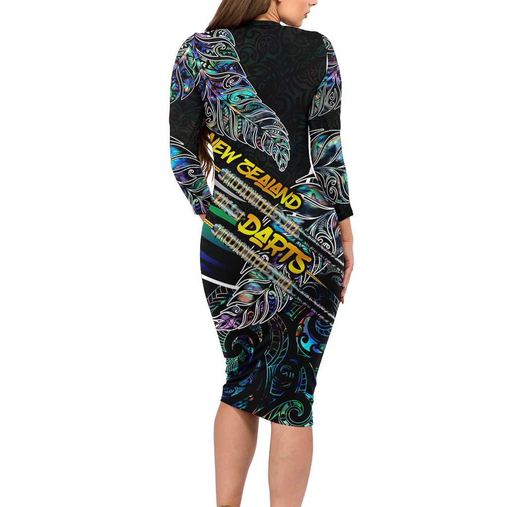 Personalised New Zealand Darts Long Sleeve Bodycon Dress NZ Paua Shell Maori Fern