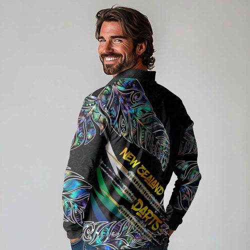Personalised New Zealand Darts Long Sleeve Polo Shirt NZ Paua Shell Maori Fern