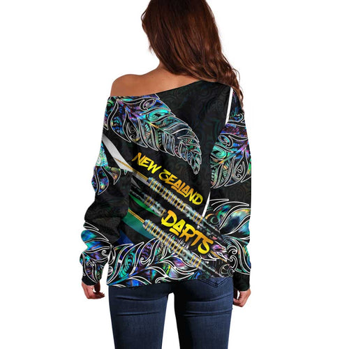 Personalised New Zealand Darts Off Shoulder Sweater NZ Paua Shell Maori Fern