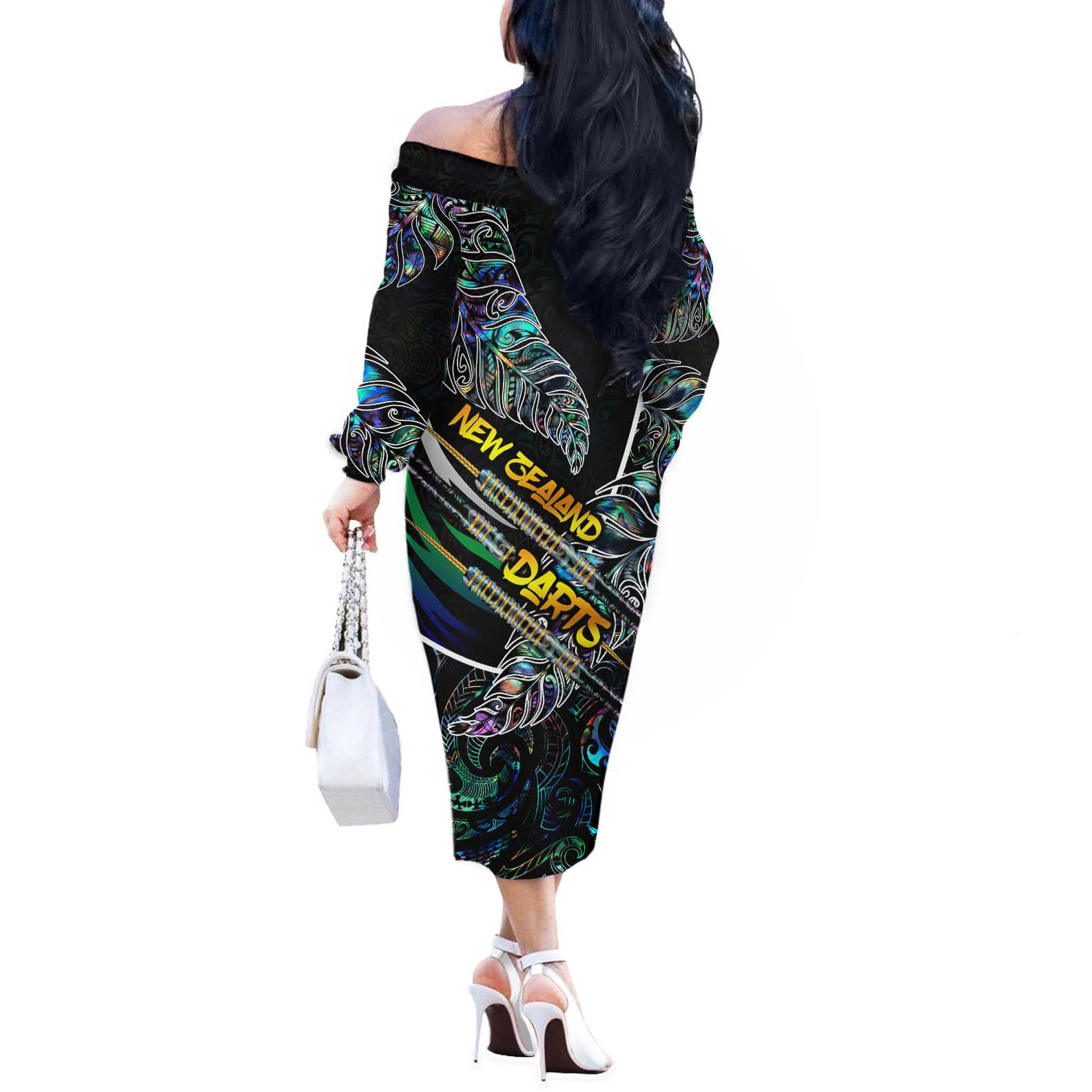 Personalised New Zealand Darts Off The Shoulder Long Sleeve Dress NZ Paua Shell Maori Fern