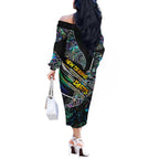 Personalised New Zealand Darts Off The Shoulder Long Sleeve Dress NZ Paua Shell Maori Fern