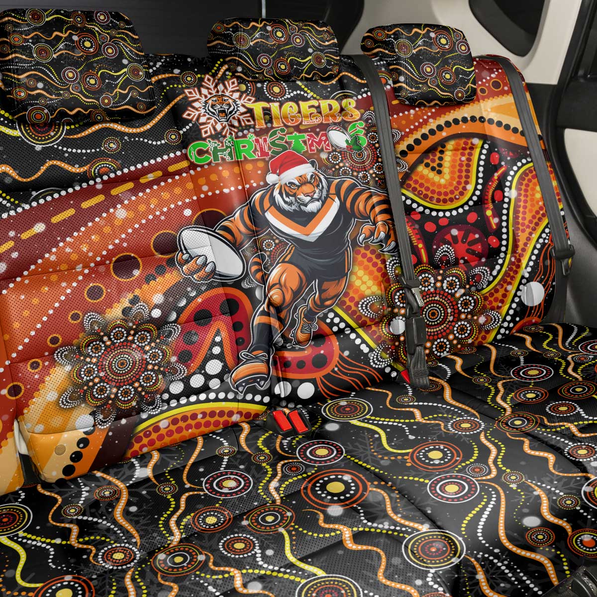 Merry Christmas Wests Tigers Back Car Seat Cover Aboriginal Santa Rugby Mascot - The Tigers