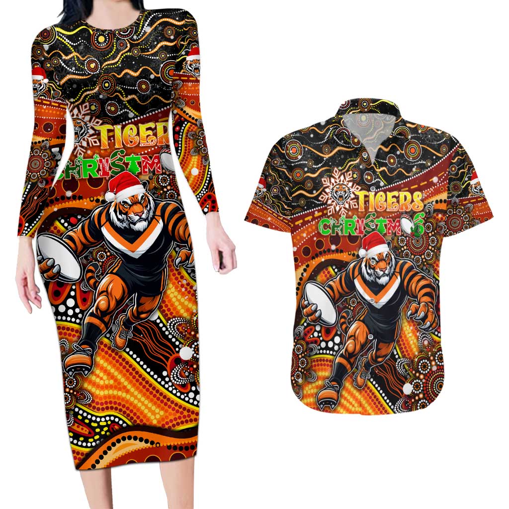 Merry Christmas Wests Tigers Couples Matching Long Sleeve Bodycon Dress and Hawaiian Shirt Aboriginal Santa Rugby Mascot - The Tigers