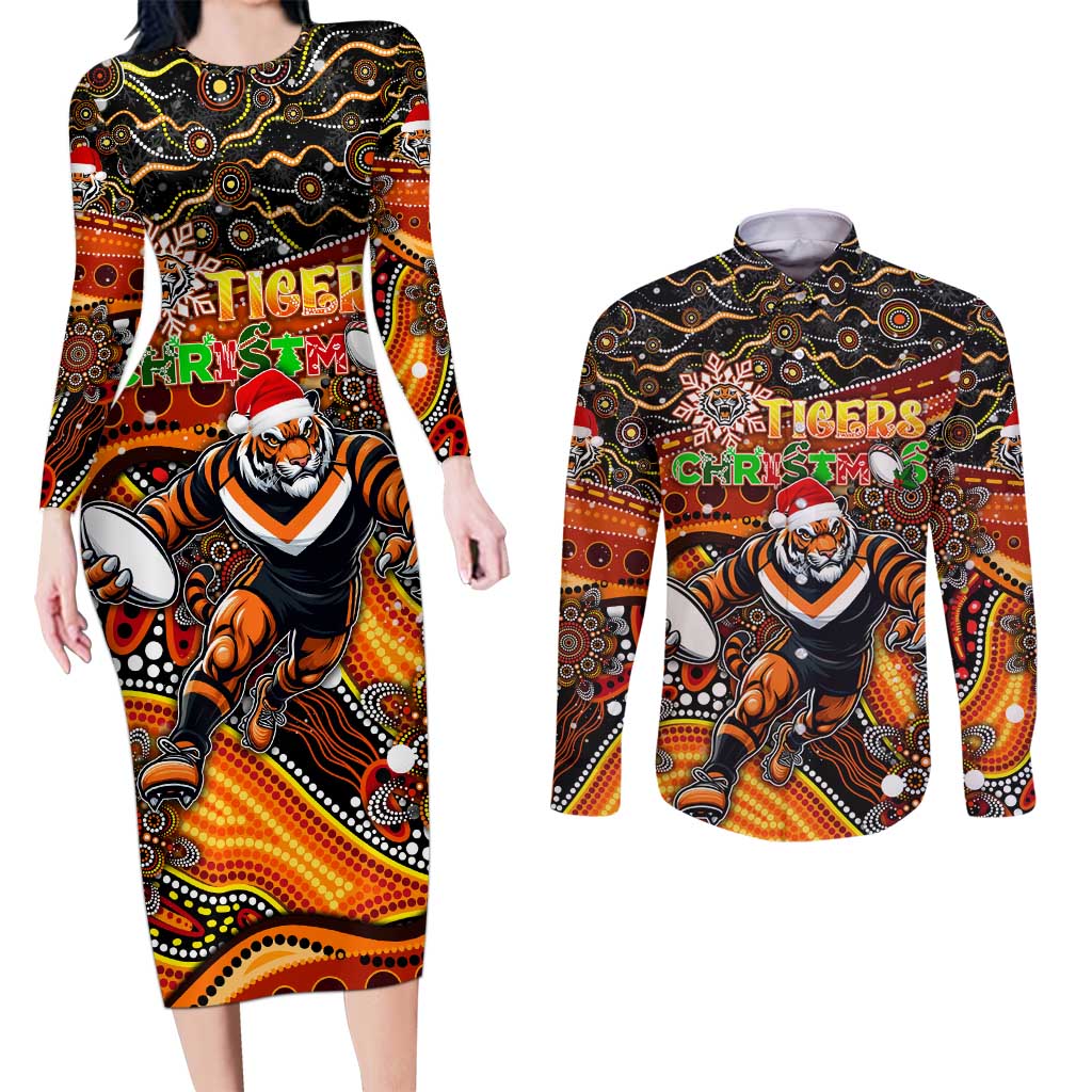 Merry Christmas Wests Tigers Couples Matching Long Sleeve Bodycon Dress and Long Sleeve Button Shirt Aboriginal Santa Rugby Mascot - The Tigers