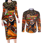 Merry Christmas Wests Tigers Couples Matching Long Sleeve Bodycon Dress and Long Sleeve Button Shirt Aboriginal Santa Rugby Mascot - The Tigers