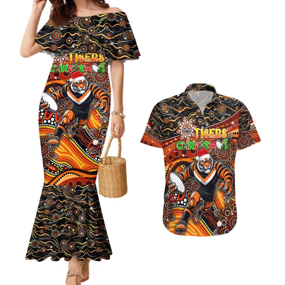 Merry Christmas Wests Tigers Couples Matching Mermaid Dress and Hawaiian Shirt Aboriginal Santa Rugby Mascot - The Tigers
