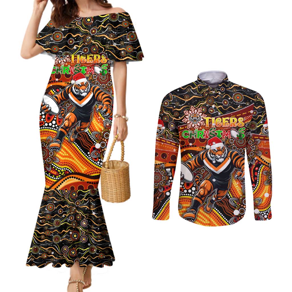 Merry Christmas Wests Tigers Couples Matching Mermaid Dress and Long Sleeve Button Shirt Aboriginal Santa Rugby Mascot - The Tigers