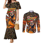 Merry Christmas Wests Tigers Couples Matching Mermaid Dress and Long Sleeve Button Shirt Aboriginal Santa Rugby Mascot - The Tigers