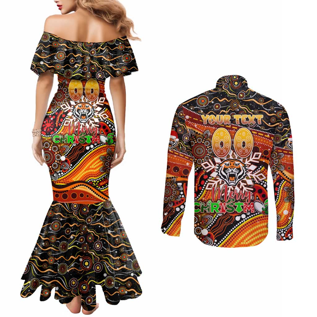 Merry Christmas Wests Tigers Couples Matching Mermaid Dress and Long Sleeve Button Shirt Aboriginal Santa Rugby Mascot - The Tigers