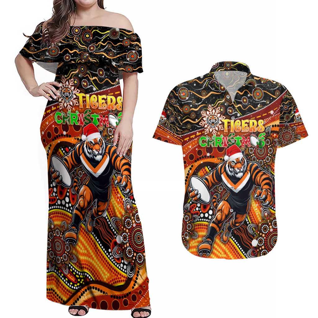 Merry Christmas Wests Tigers Couples Matching Off Shoulder Maxi Dress and Hawaiian Shirt Aboriginal Santa Rugby Mascot - The Tigers