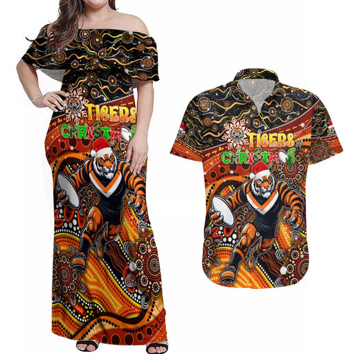 Merry Christmas Wests Tigers Couples Matching Off Shoulder Maxi Dress and Hawaiian Shirt Aboriginal Santa Rugby Mascot - The Tigers