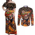Merry Christmas Wests Tigers Couples Matching Off Shoulder Maxi Dress and Long Sleeve Button Shirt Aboriginal Santa Rugby Mascot - The Tigers
