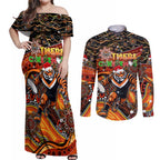 Merry Christmas Wests Tigers Couples Matching Off Shoulder Maxi Dress and Long Sleeve Button Shirt Aboriginal Santa Rugby Mascot - The Tigers