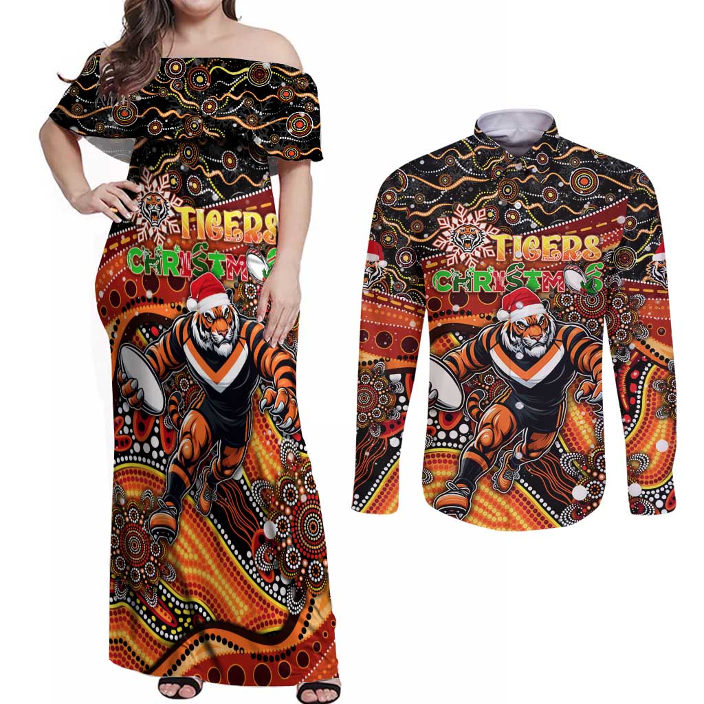 Merry Christmas Wests Tigers Couples Matching Off Shoulder Maxi Dress and Long Sleeve Button Shirt Aboriginal Santa Rugby Mascot - The Tigers