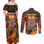 Merry Christmas Wests Tigers Couples Matching Off Shoulder Maxi Dress and Long Sleeve Button Shirt Aboriginal Santa Rugby Mascot - The Tigers