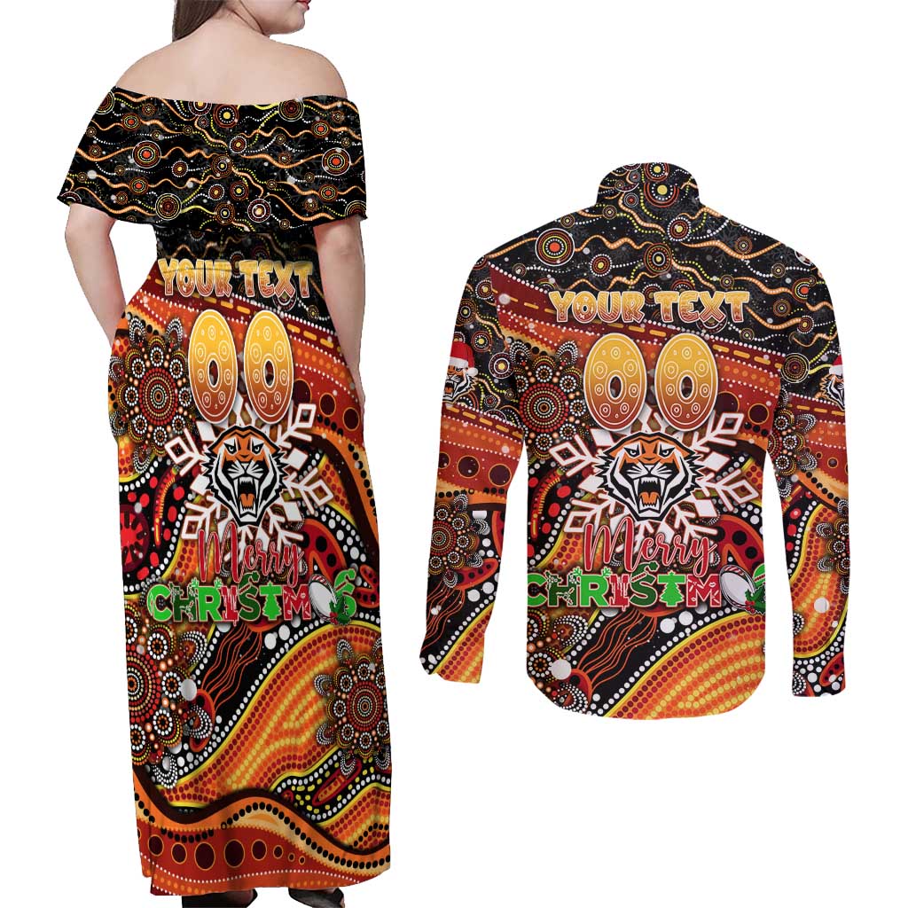 Merry Christmas Wests Tigers Couples Matching Off Shoulder Maxi Dress and Long Sleeve Button Shirt Aboriginal Santa Rugby Mascot - The Tigers