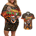 Merry Christmas Wests Tigers Couples Matching Off Shoulder Short Dress and Hawaiian Shirt Aboriginal Santa Rugby Mascot - The Tigers