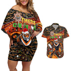 Merry Christmas Wests Tigers Couples Matching Off Shoulder Short Dress and Hawaiian Shirt Aboriginal Santa Rugby Mascot - The Tigers