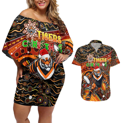 Merry Christmas Wests Tigers Couples Matching Off Shoulder Short Dress and Hawaiian Shirt Aboriginal Santa Rugby Mascot - The Tigers