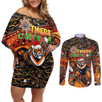 Merry Christmas Wests Tigers Couples Matching Off Shoulder Short Dress and Long Sleeve Button Shirt Aboriginal Santa Rugby Mascot - The Tigers