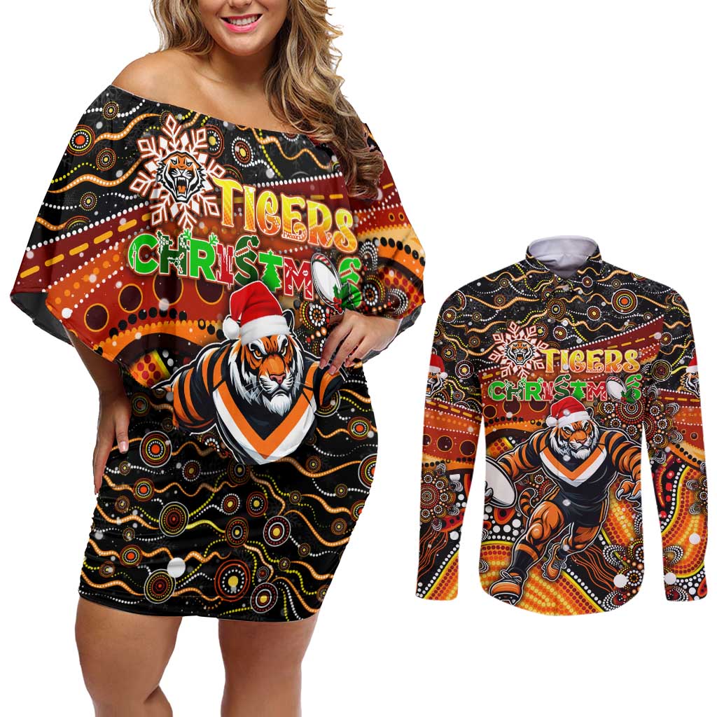 Merry Christmas Wests Tigers Couples Matching Off Shoulder Short Dress and Long Sleeve Button Shirt Aboriginal Santa Rugby Mascot - The Tigers