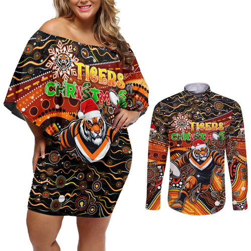 Merry Christmas Wests Tigers Couples Matching Off Shoulder Short Dress and Long Sleeve Button Shirt Aboriginal Santa Rugby Mascot - The Tigers