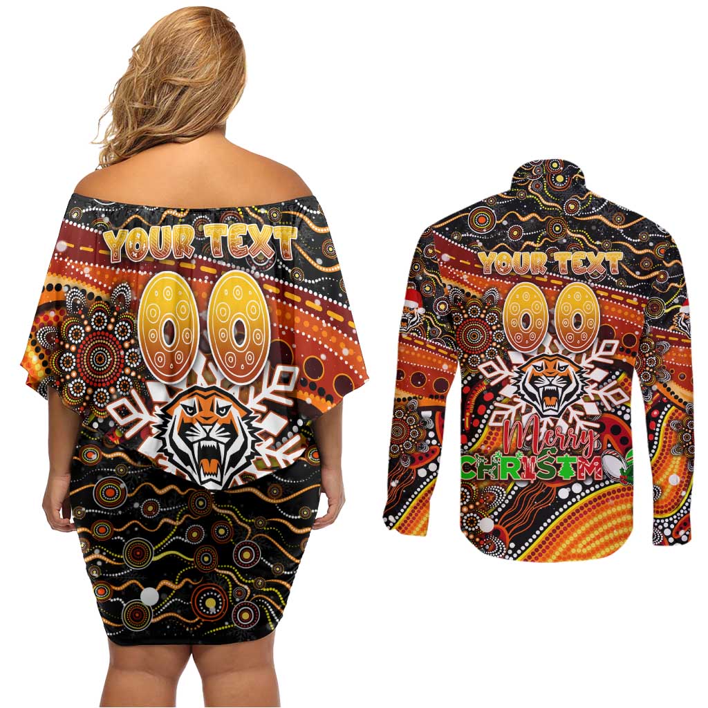 Merry Christmas Wests Tigers Couples Matching Off Shoulder Short Dress and Long Sleeve Button Shirt Aboriginal Santa Rugby Mascot - The Tigers