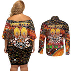 Merry Christmas Wests Tigers Couples Matching Off Shoulder Short Dress and Long Sleeve Button Shirt Aboriginal Santa Rugby Mascot - The Tigers