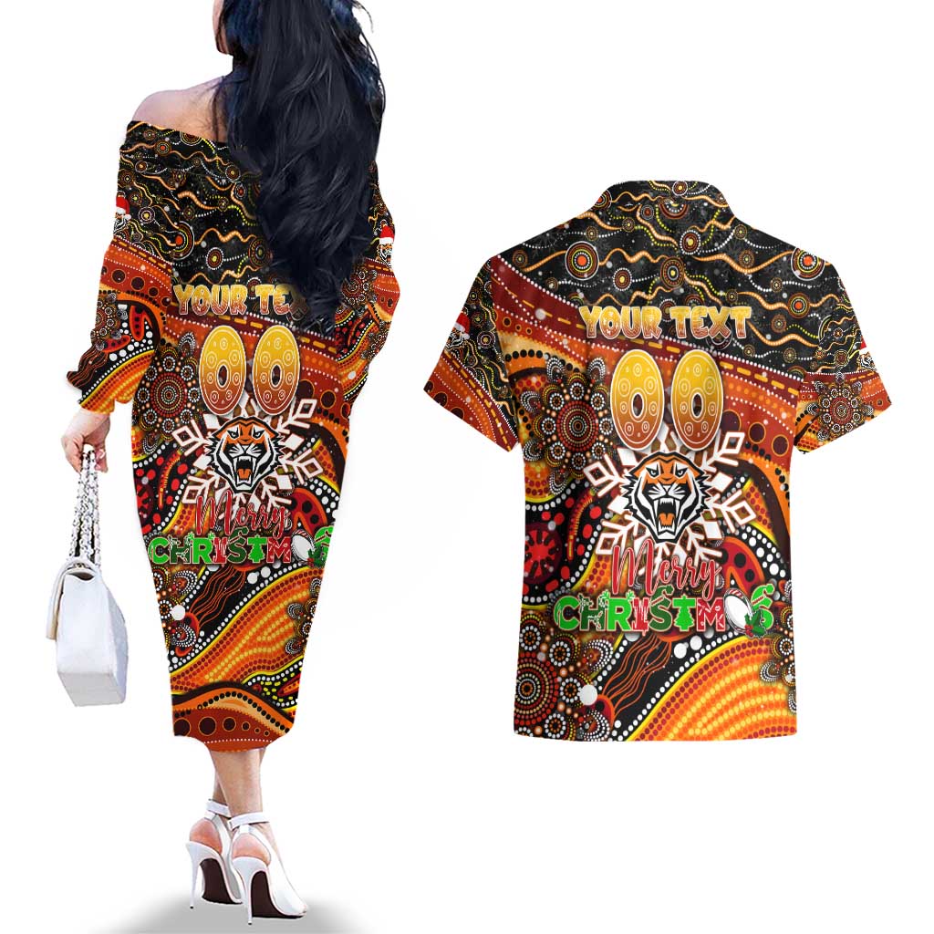 Merry Christmas Wests Tigers Couples Matching Off The Shoulder Long Sleeve Dress and Hawaiian Shirt Aboriginal Santa Rugby Mascot - The Tigers
