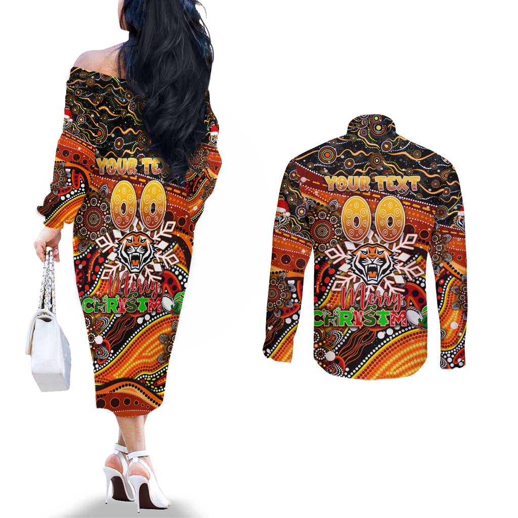 Merry Christmas Wests Tigers Couples Matching Off The Shoulder Long Sleeve Dress and Long Sleeve Button Shirt Aboriginal Santa Rugby Mascot - The Tigers