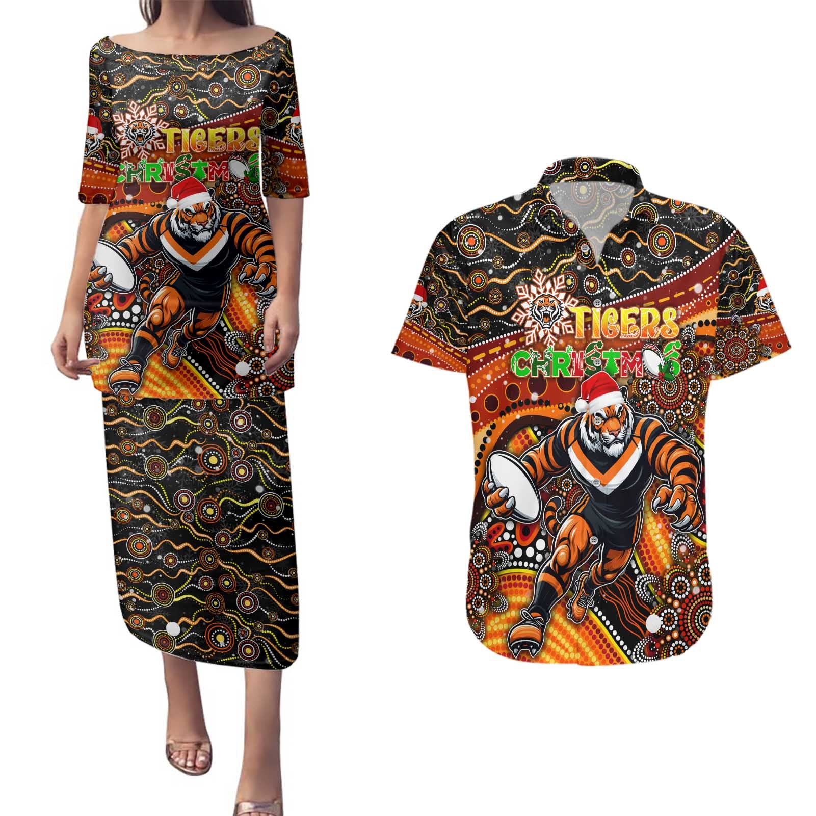 Merry Christmas Wests Tigers Couples Matching Puletasi and Hawaiian Shirt Aboriginal Santa Rugby Mascot - The Tigers